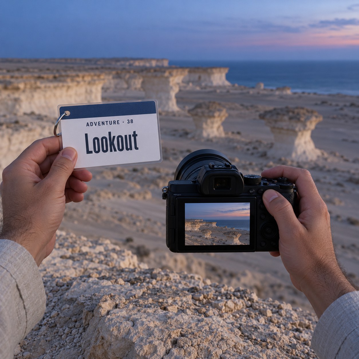Hands holding a camera on the cliff edge at Ras Abrouq after sunset; in the other hand the Lookout sheet