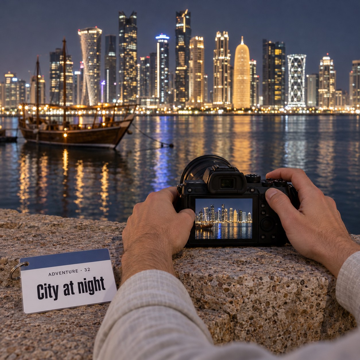 Hands steadying a camera on a wall in the Museum of Islamic Art park, with the West Bay towers lit up across the water, next to the City at night sheet