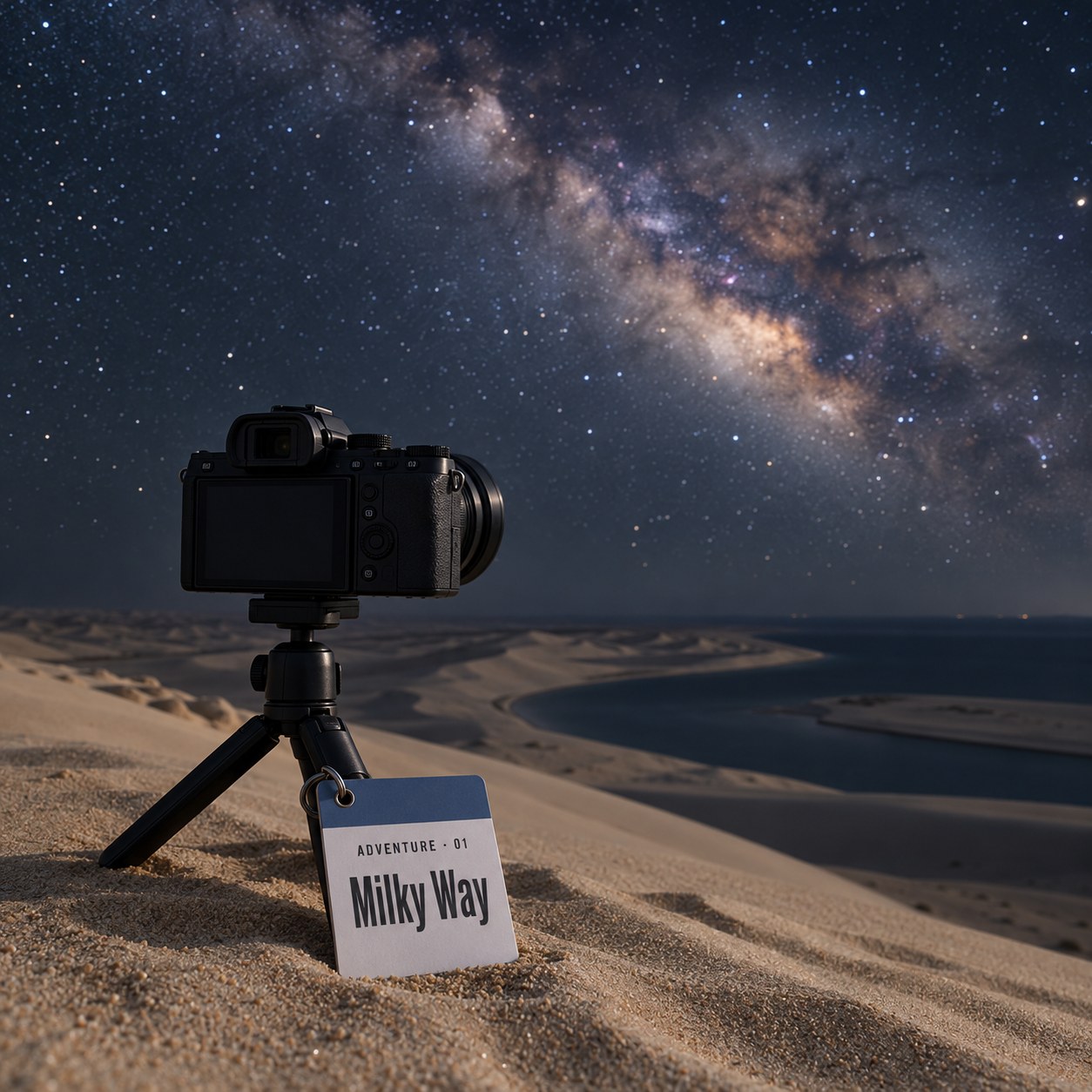 A camera on a mini tripod on a dune at Khor Al Adaid, with the Milky Way sheet leaning against the tripod leg