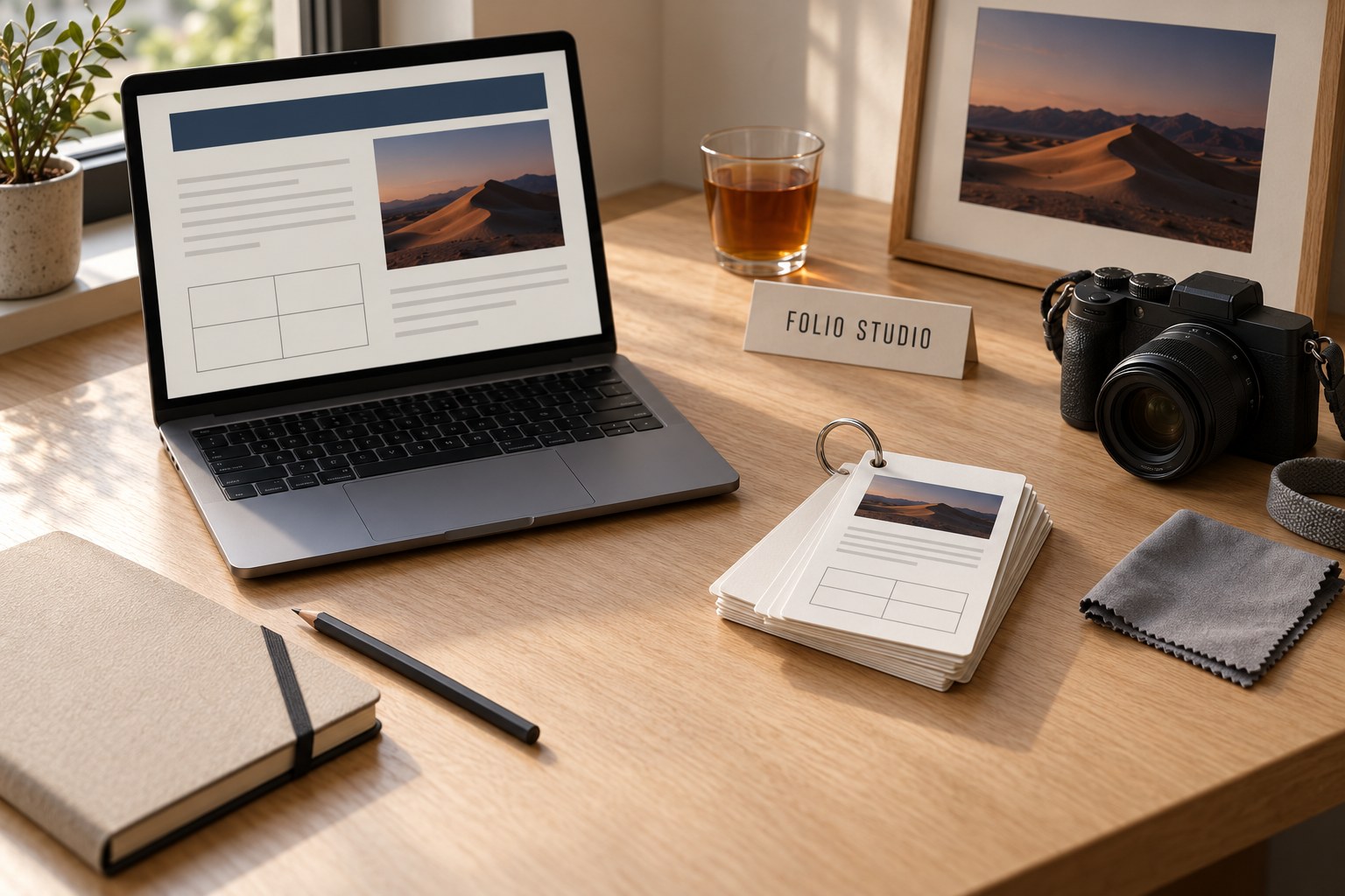 Folio Studio desk: laptop, sheets on a key ring, camera and notebook