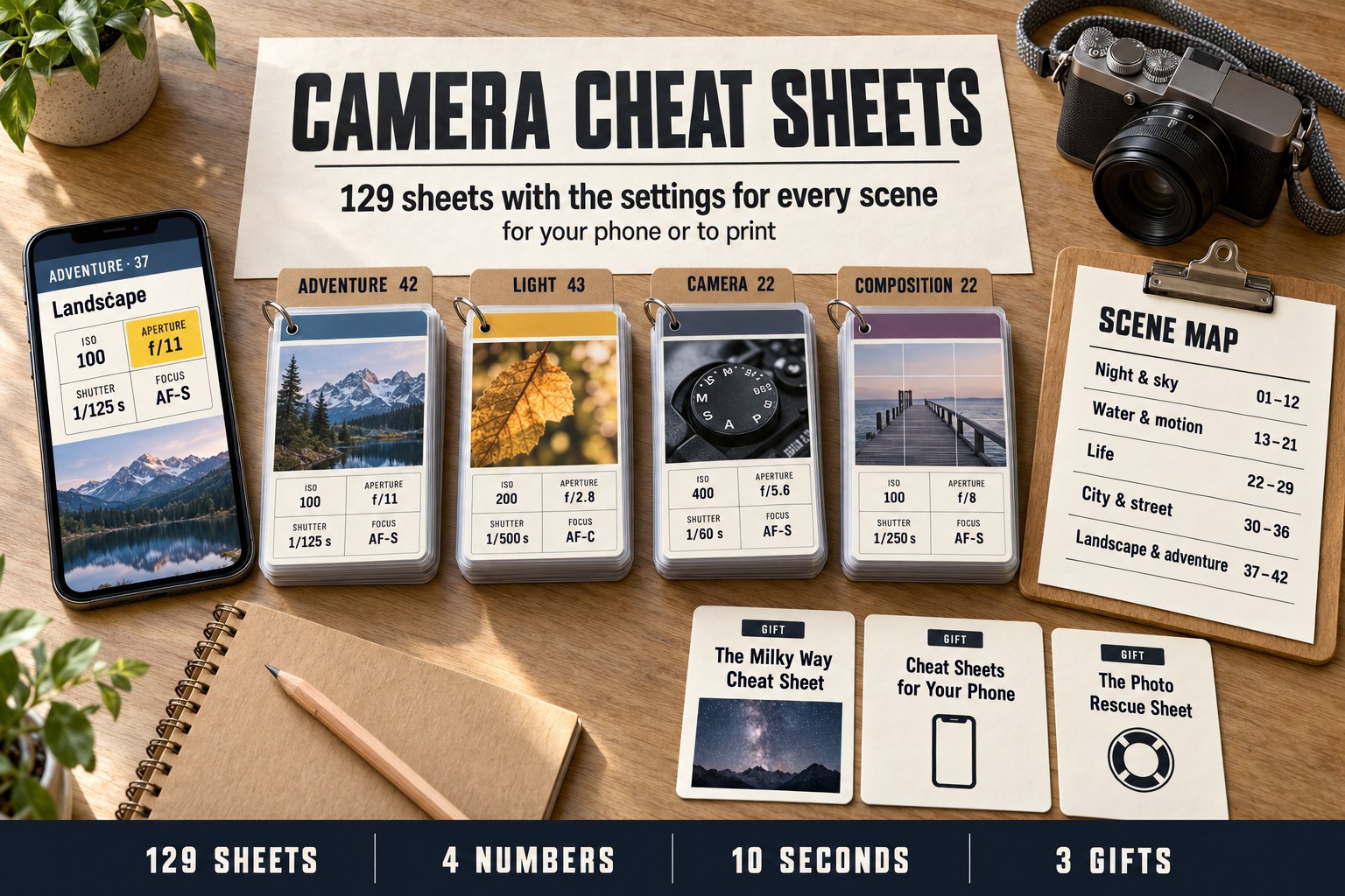 The full kit on a table: a phone showing a cheat sheet, 129 scene sheets, the Scene Map and 3 gifts next to a camera