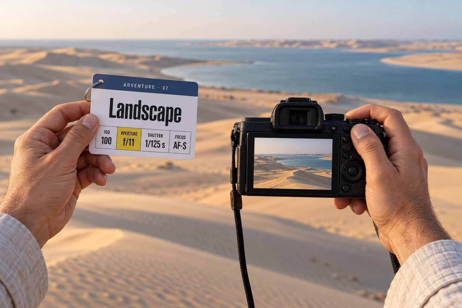 Hands holding a camera over the dunes at Khor Al Adaid, with a Landscape cheat sheet showing four numbers in the other hand