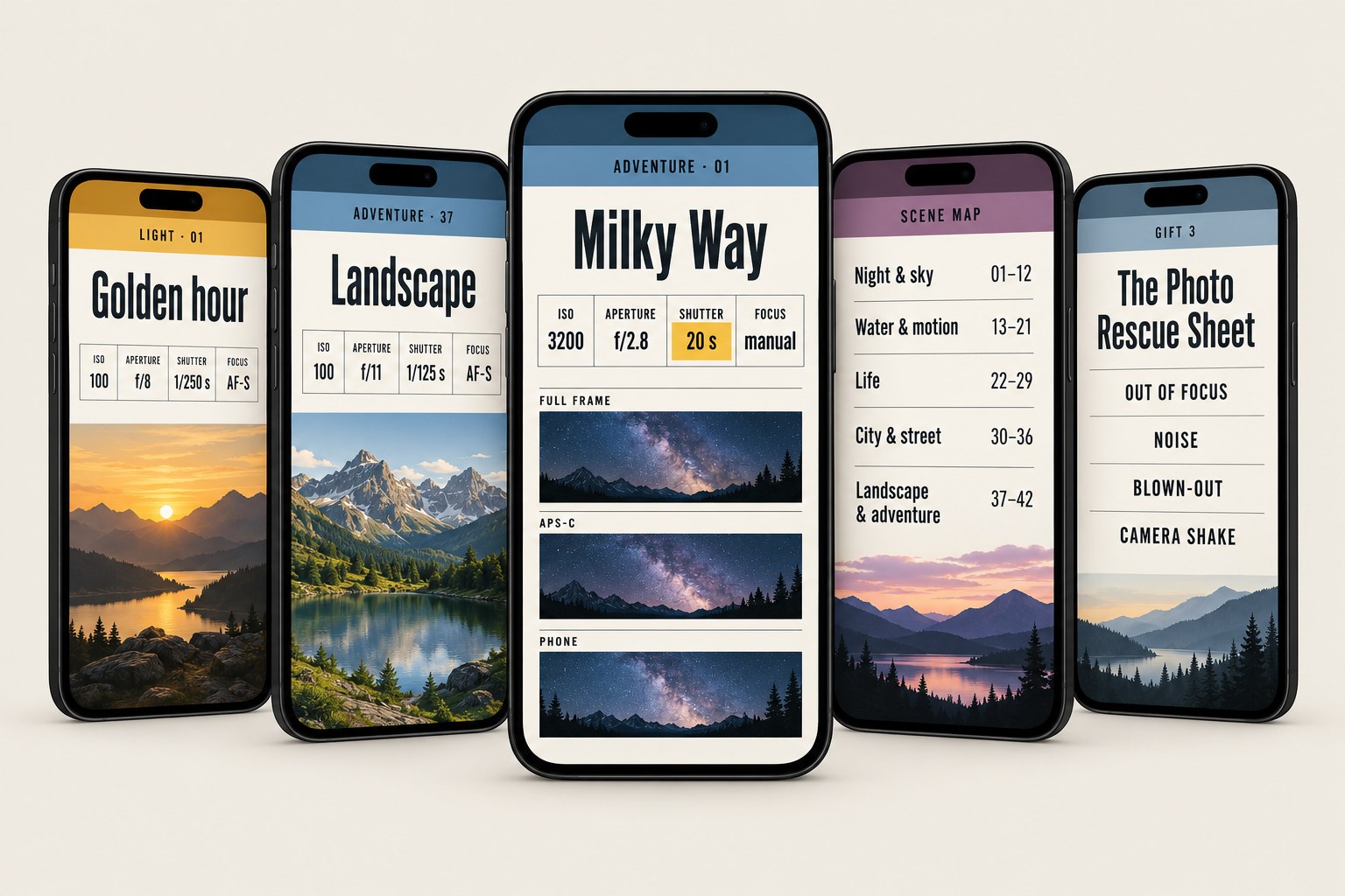 The whole kit on phones: sheets, Scene Map and gifts