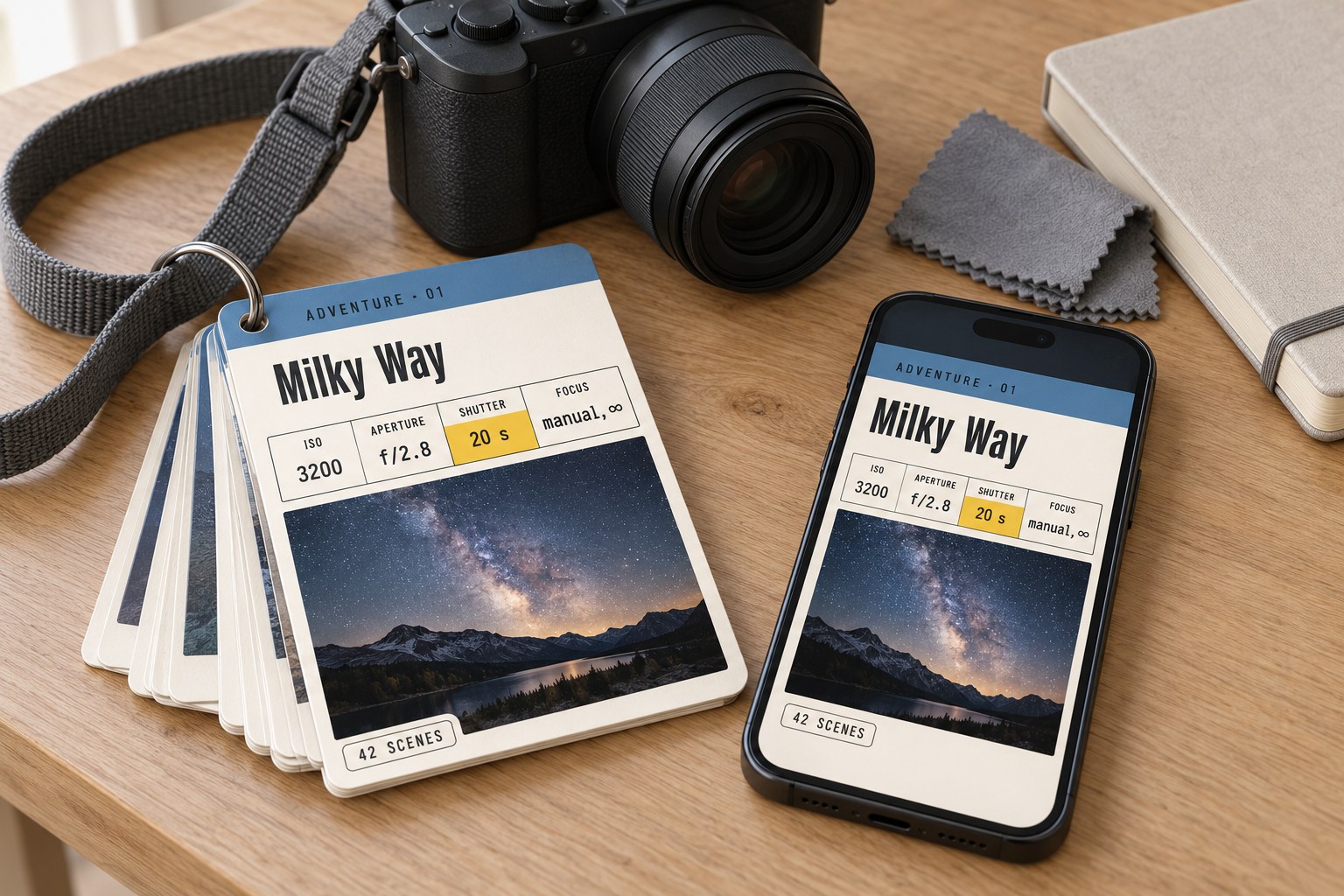 42 Adventure Sheets: laminated cards on a key ring next to a camera and a phone showing a sheet