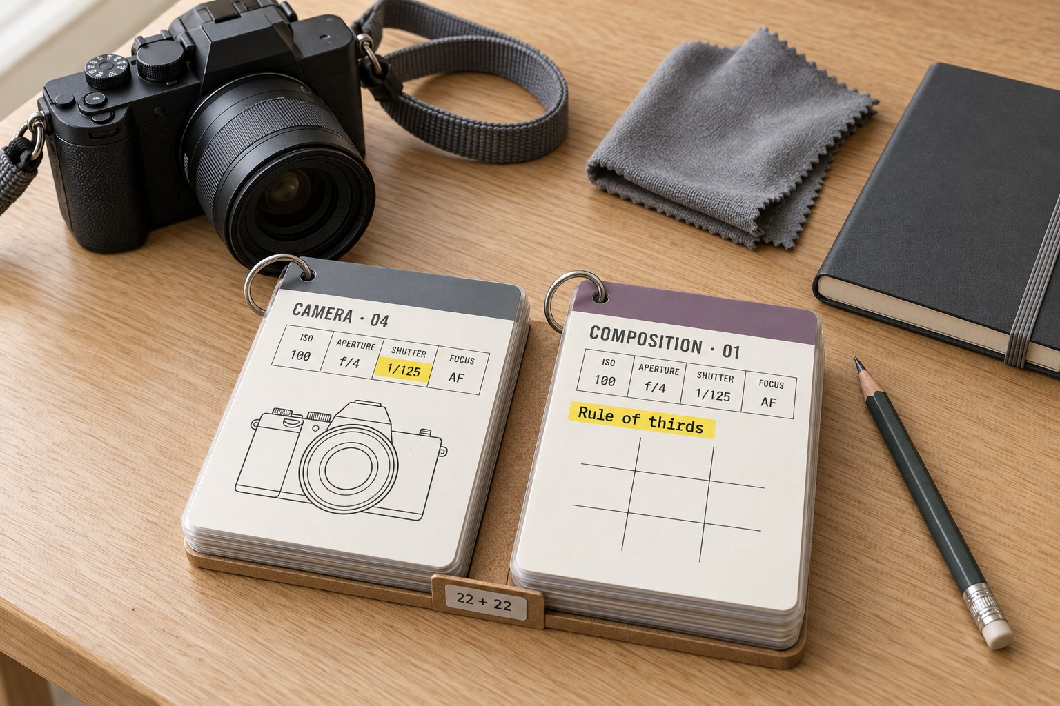 44 Camera & Composition Sheets: two stacks of sheets on camera and composition on the table