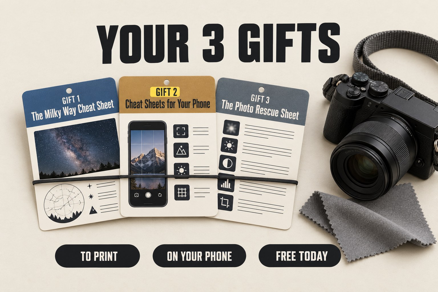 3 gifts: The Milky Way Cheat Sheet, Cheat Sheets for Your Phone and The Photo Rescue Sheet